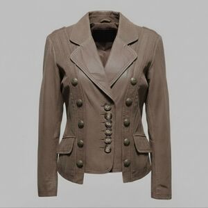 Pam McCoy Brown Distressed Military Style Leather Jacket w/Unique Button Detail